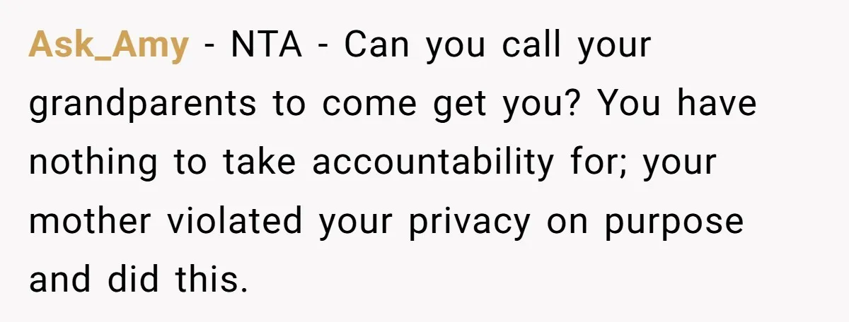 Ask_Amy − NTA - Can you call your grandparents to come get you? You have nothing to take accountability for; your mother violated your privacy on purpose and did this.