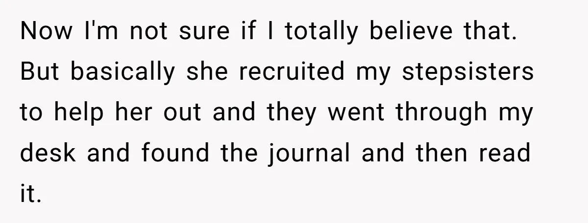 Now I'm not sure if I totally believe that. But basically she recruited my stepsisters to help her out and they went through my desk and found the journal and...