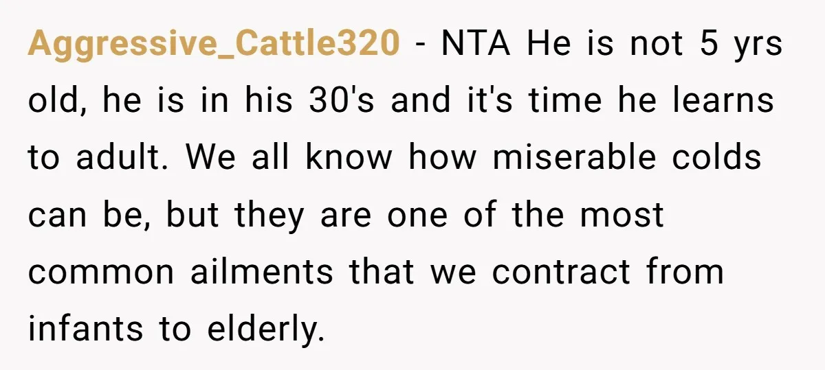 Aggressive_Cattle320 − NTA He is not 5 yrs old, he is in his 30's and it's time he learns to adult. We all know how miserable colds can be, but...