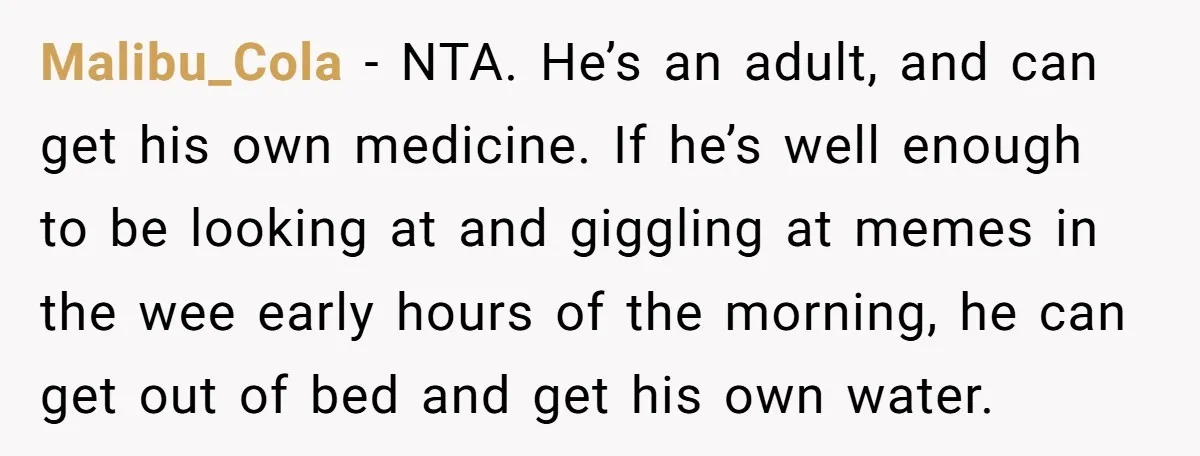 Malibu_Cola − NTA. He’s an adult, and can get his own medicine. If he’s well enough to be looking at and giggling at memes in the wee early hours of...