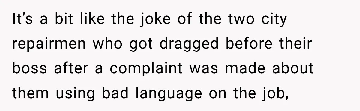It’s a bit like the joke of the two city repairmen who got dragged before their boss after a complaint was made about them using bad language on the job,