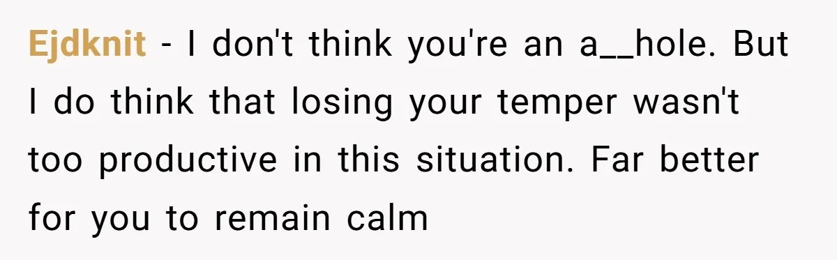 Ejdknit − I don't think you're an a__hole. But I do think that losing your temper wasn't too productive in this situation. Far better for you to remain calm