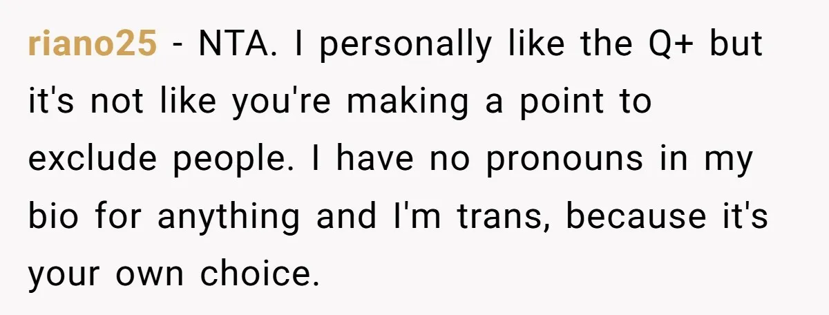 riano25 − NTA. I personally like the Q+ but it's not like you're making a point to exclude people. I have no pronouns in my bio for anything and I'm...