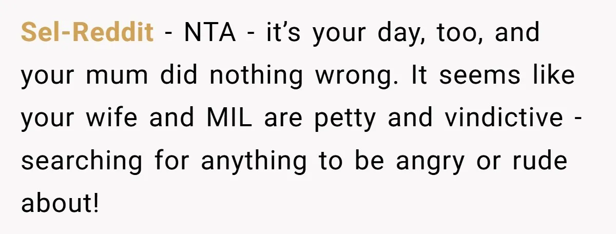 Sel-Reddit − NTA - it’s your day, too, and your mum did nothing wrong. It seems like your wife and MIL are petty and vindictive - searching for anything to...
