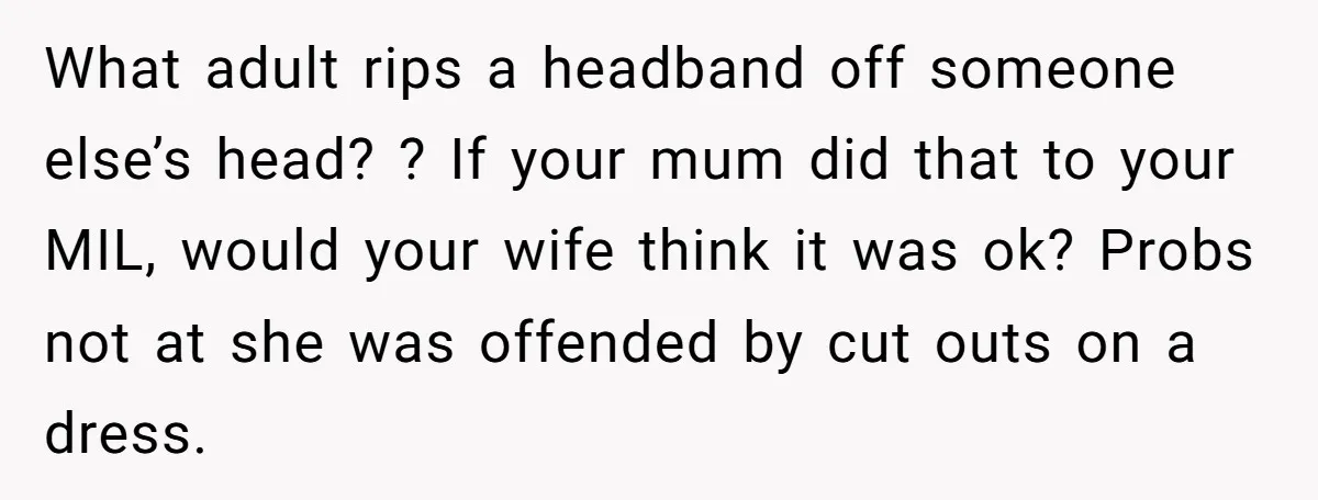 What adult rips a headband off someone else’s head? ? If your mum did that to your MIL, would your wife think it was ok? Probs not at she was...