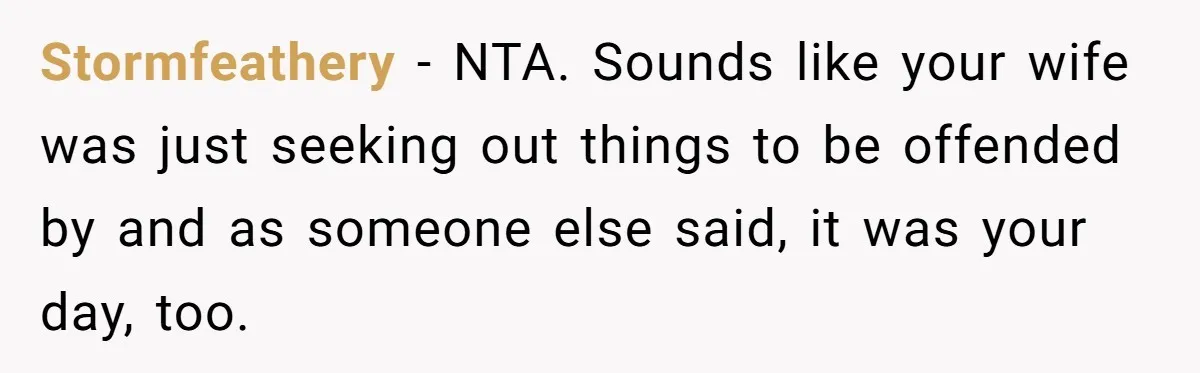 Stormfeathery − NTA. Sounds like your wife was just seeking out things to be offended by and as someone else said, it was your day, too.
