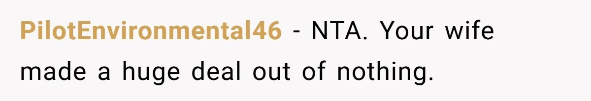 PilotEnvironmental46 − NTA. Your wife made a huge deal out of nothing.