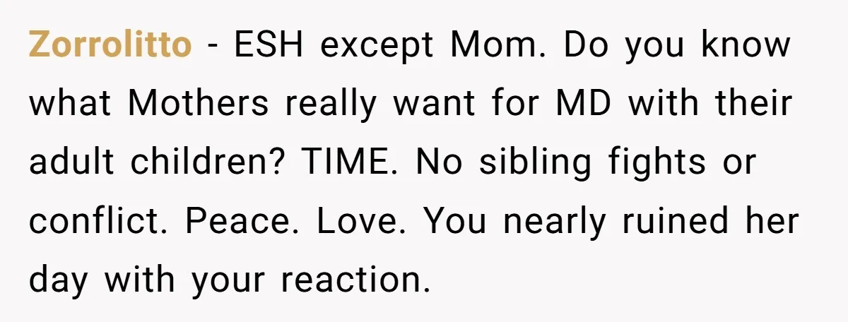 Zorrolitto − ESH except Mom. Do you know what Mothers really want for MD with their adult children? TIME. No sibling fights or conflict. Peace. Love. You nearly ruined her...