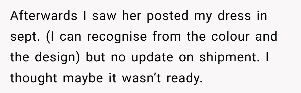 Afterwards I saw her posted my dress in sept. (I can recognise from the colour and the design) but no update on shipment. I thought maybe it wasn’t ready.