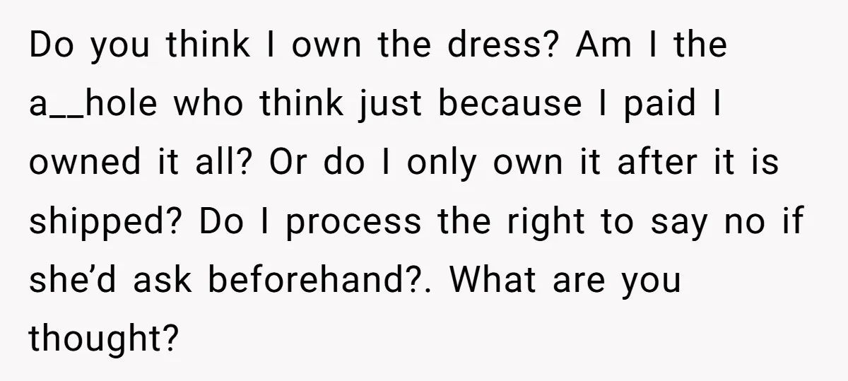 Do you think I own the dress? Am I the a__hole who think just because I paid I owned it all? Or do I only own it after it is...