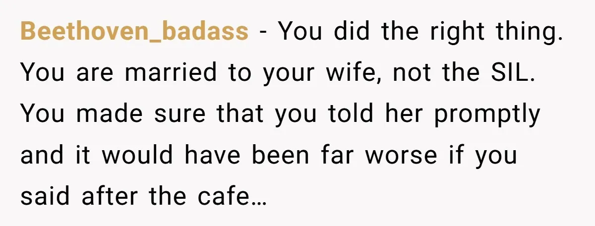 Beethoven_badass − You did the right thing. You are married to your wife, not the SIL. You made sure that you told her promptly and it would have been far...