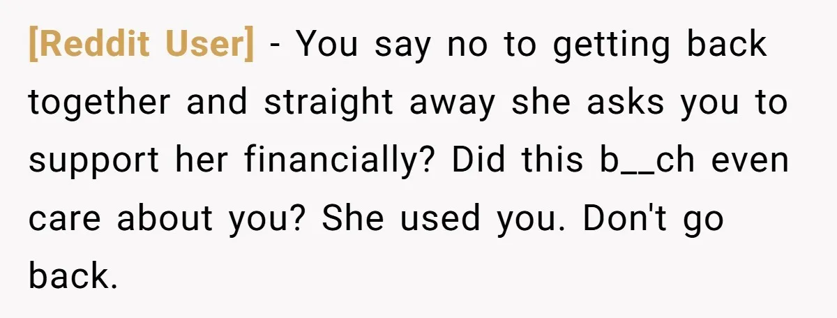 [Reddit User] − You say no to getting back together and straight away she asks you to support her financially? Did this b__ch even care about you? She used you....