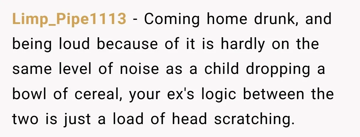 Limp_Pipe1113 − Coming home drunk, and being loud because of it is hardly on the same level of noise as a child dropping a bowl of cereal, your ex's logic...