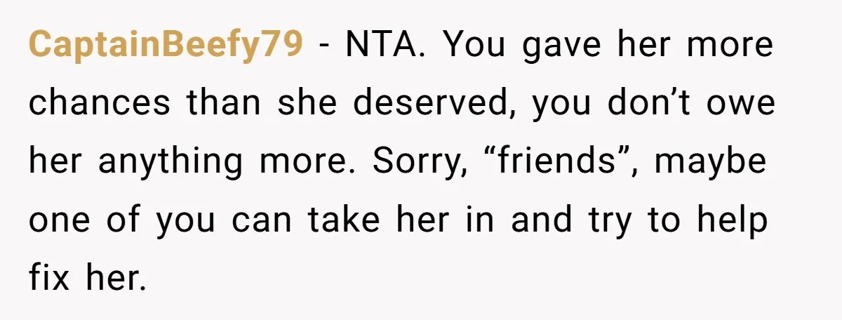 CaptainBeefy79 − NTA. You gave her more chances than she deserved, you don’t owe her anything more. Sorry, “friends”, maybe one of you can take her in and try to...