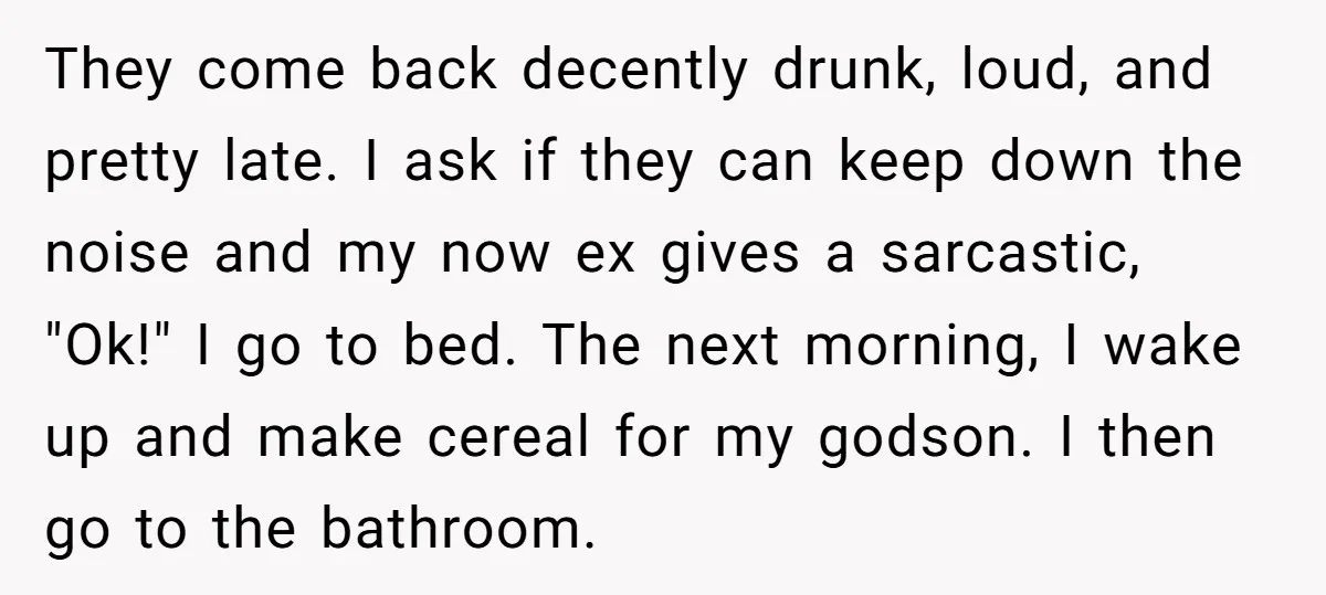 They come back decently drunk, loud, and pretty late. I ask if they can keep down the noise and my now ex gives a sarcastic, "Ok!" I go to bed....