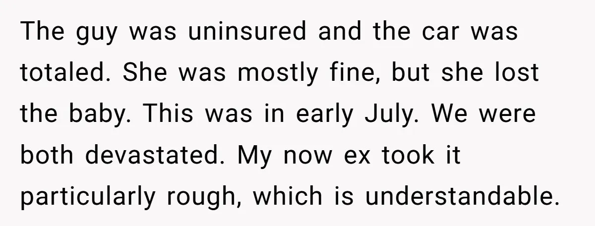 The guy was uninsured and the car was totaled. She was mostly fine, but she lost the baby. This was in early July. We were both devastated. My now ex...