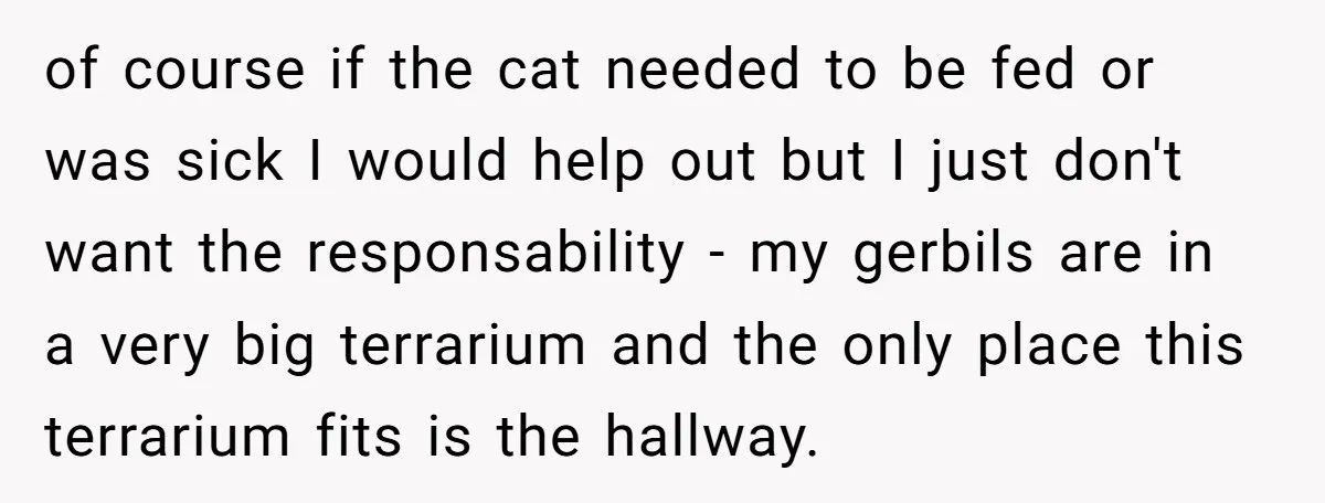 of course if the cat needed to be fed or was sick I would help out but I just don't want the responsability - my gerbils are in a very...