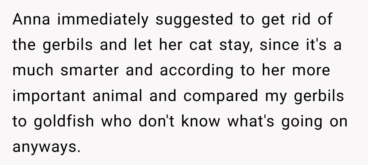 Anna immediately suggested to get rid of the gerbils and let her cat stay, since it's a much smarter and according to her more important animal and compared my gerbils...