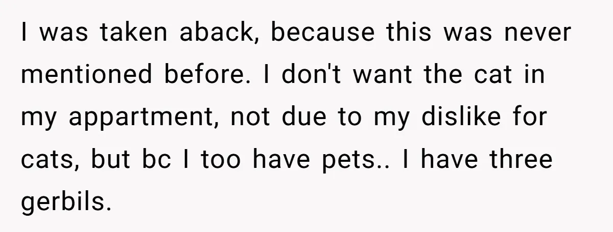 I was taken aback, because this was never mentioned before. I don't want the cat in my appartment, not due to my dislike for cats, but bc I too have...
