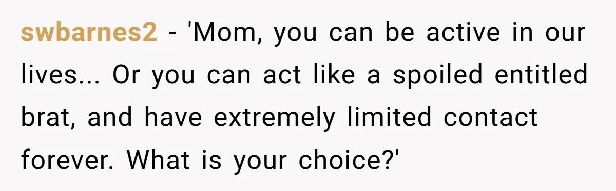swbarnes2 − 'Mom, you can be active in our lives... Or you can act like a spoiled entitled brat, and have extremely limited contact forever. What is your choice?'