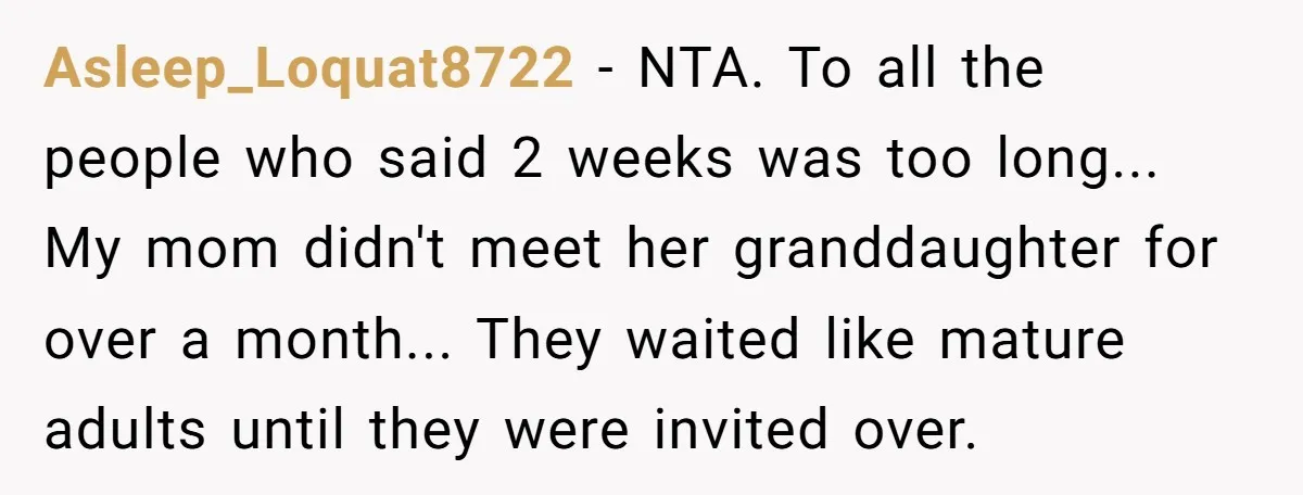 Asleep_Loquat8722 − NTA. To all the people who said 2 weeks was too long... My mom didn't meet her granddaughter for over a month... They waited like mature adults until...