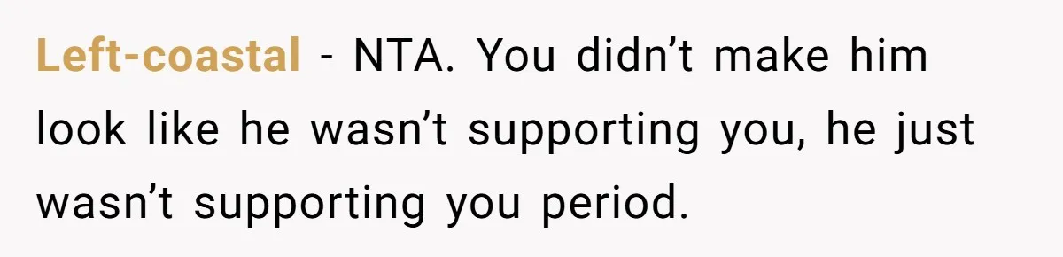 Left-coastal − NTA. You didn’t make him look like he wasn’t supporting you, he just wasn’t supporting you period.