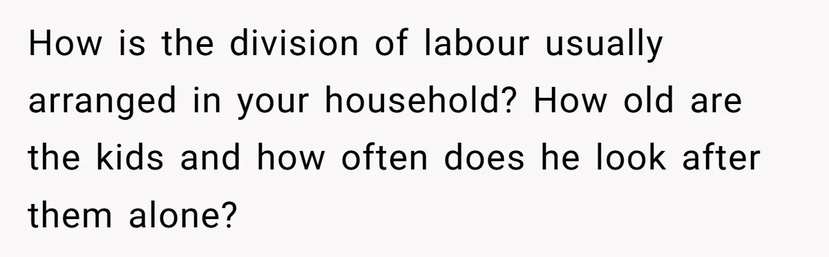 How is the division of labour usually arranged in your household? How old are the kids and how often does he look after them alone?