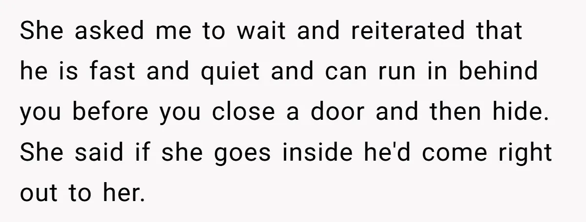 She asked me to wait and reiterated that he is fast and quiet and can run in behind you before you close a door and then hide. She said if...