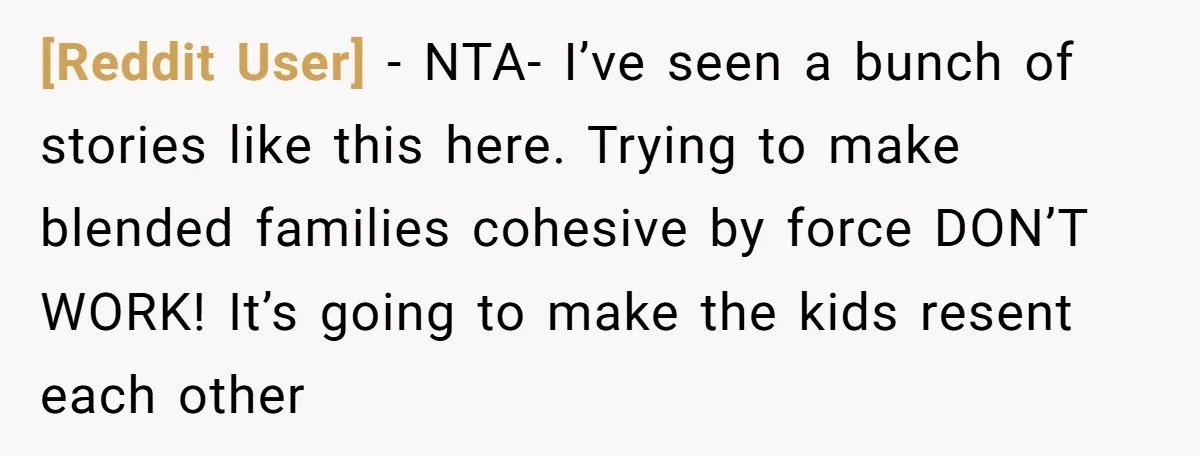 [Reddit User] − NTA- I’ve seen a bunch of stories like this here. Trying to make blended families cohesive by force DON’T WORK! It’s going to make the kids resent...