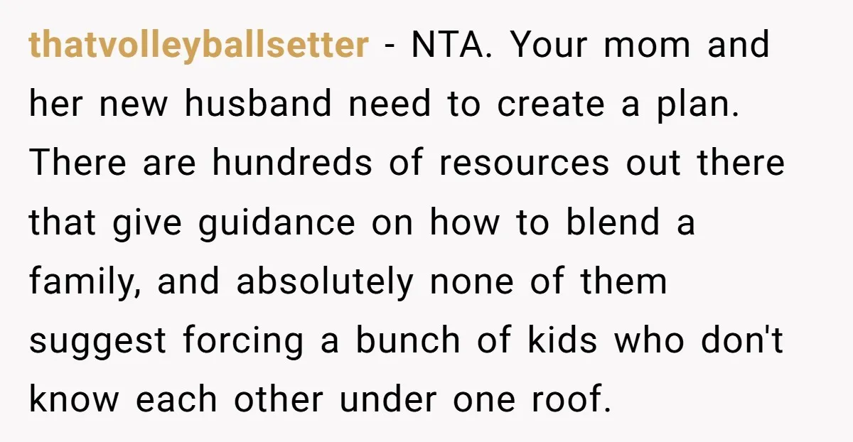 thatvolleyballsetter − NTA. Your mom and her new husband need to create a plan. There are hundreds of resources out there that give guidance on how to blend a family,...