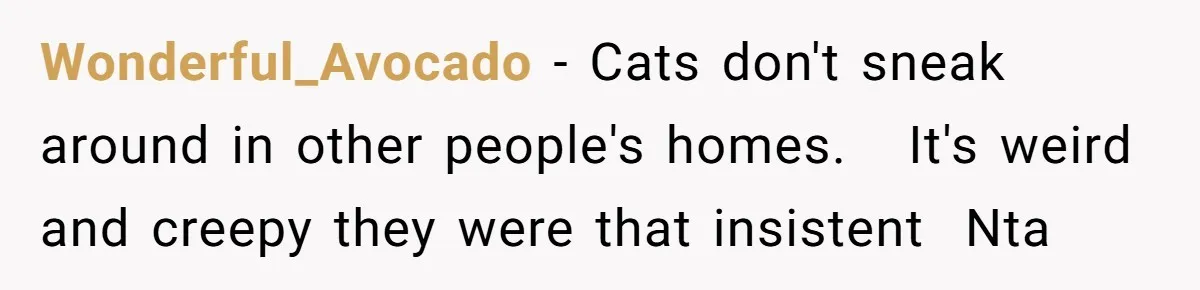Wonderful_Avocado − Cats don't sneak around in other people's homes.   It's weird and creepy they were that insistent  Nta