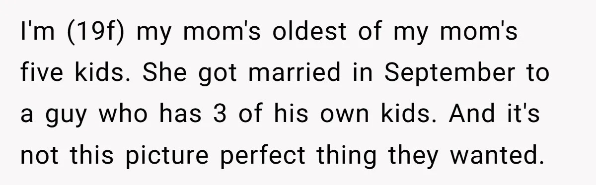 I'm (19f) my mom's oldest of my mom's five kids. She got married in September to a guy who has 3 of his own kids. And it's not this picture...