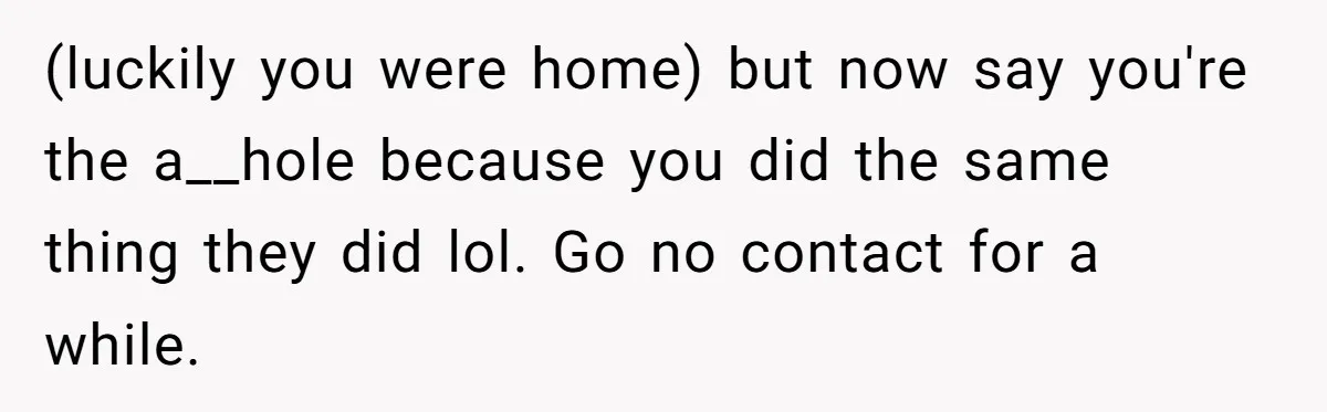 (luckily you were home) but now say you're the a__hole because you did the same thing they did lol. Go no contact for a while.