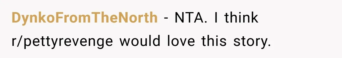 DynkoFromTheNorth − NTA. I think r/pettyrevenge would love this story.