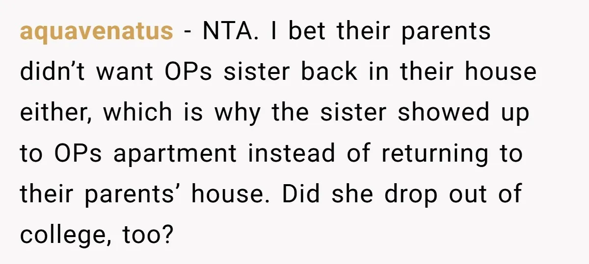 aquavenatus − NTA. I bet their parents didn’t want OPs sister back in their house either, which is why the sister showed up to OPs apartment instead of returning to...