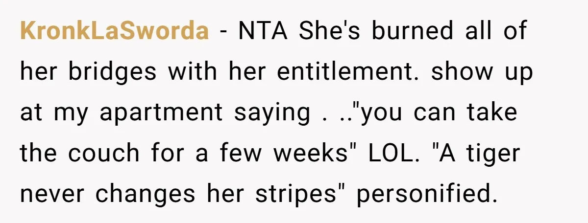 KronkLaSworda − NTA She's burned all of her bridges with her entitlement. show up at my apartment saying . .."you can take the couch for a few weeks" LOL. "A...
