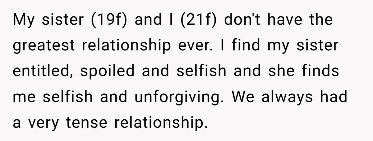 My sister (19f) and I (21f) don't have the greatest relationship ever. I find my sister entitled, spoiled and selfish and she finds me selfish and unforgiving. We always had...