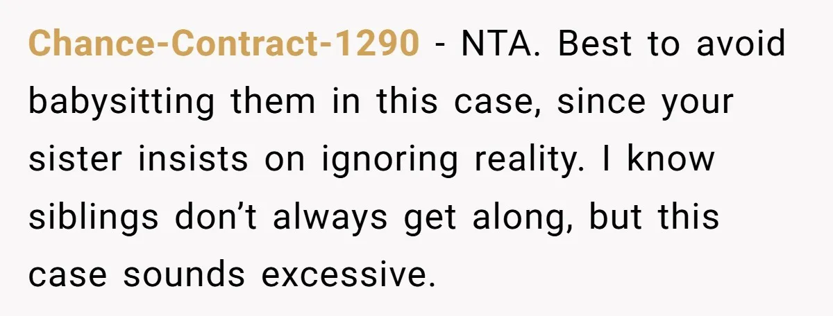 Chance-Contract-1290 − NTA. Best to avoid babysitting them in this case, since your sister insists on ignoring reality. I know siblings don’t always get along, but this case sounds excessive.