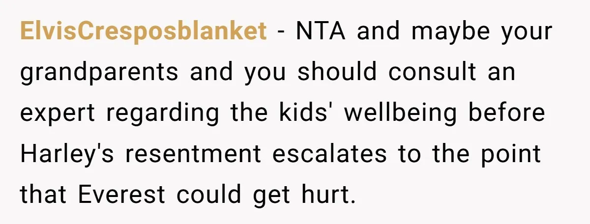 ElvisCresposblanket − NTA and maybe your grandparents and you should consult an expert regarding the kids' wellbeing before Harley's resentment escalates to the point that Everest could get hurt.