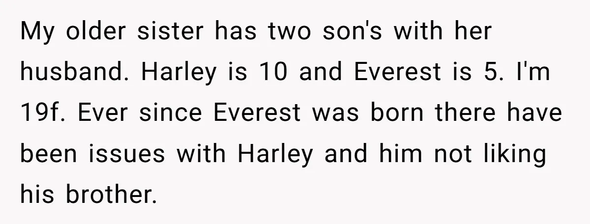 My older sister has two son's with her husband. Harley is 10 and Everest is 5. I'm 19f. Ever since Everest was born there have been issues with Harley and...