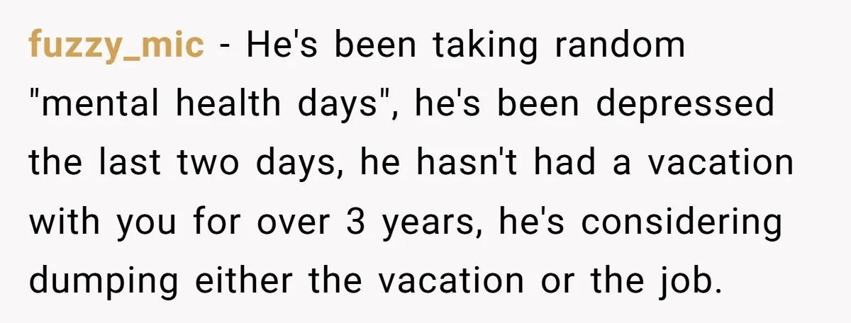 fuzzy_mic − He's been taking random "mental health days", he's been depressed the last two days, he hasn't had a vacation with you for over 3 years, he's considering dumping...