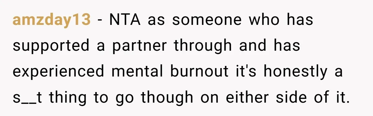 amzday13 − NTA as someone who has supported a partner through and has experienced mental burnout it's honestly a s__t thing to go though on either side of it.