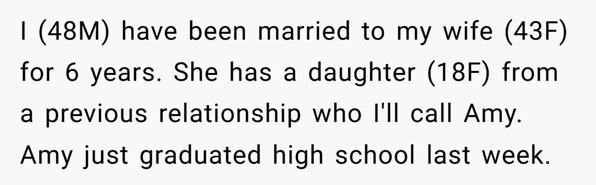 I (48M) have been married to my wife (43F) for 6 years. She has a daughter (18F) from a previous relationship who I'll call Amy. Amy just graduated high school...