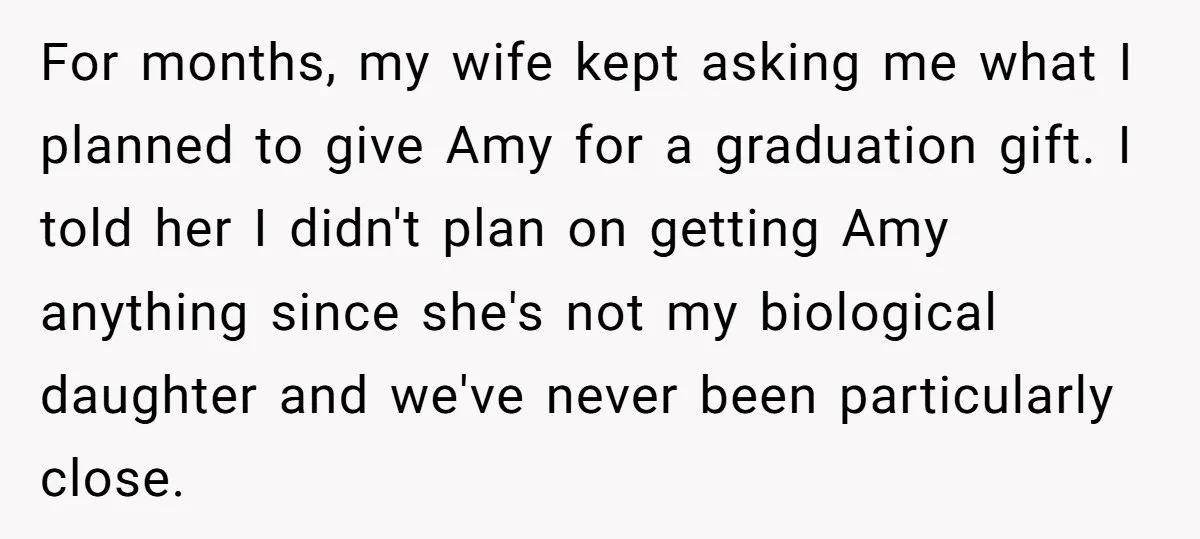 For months, my wife kept asking me what I planned to give Amy for a graduation gift. I told her I didn't plan on getting Amy anything since she's not...