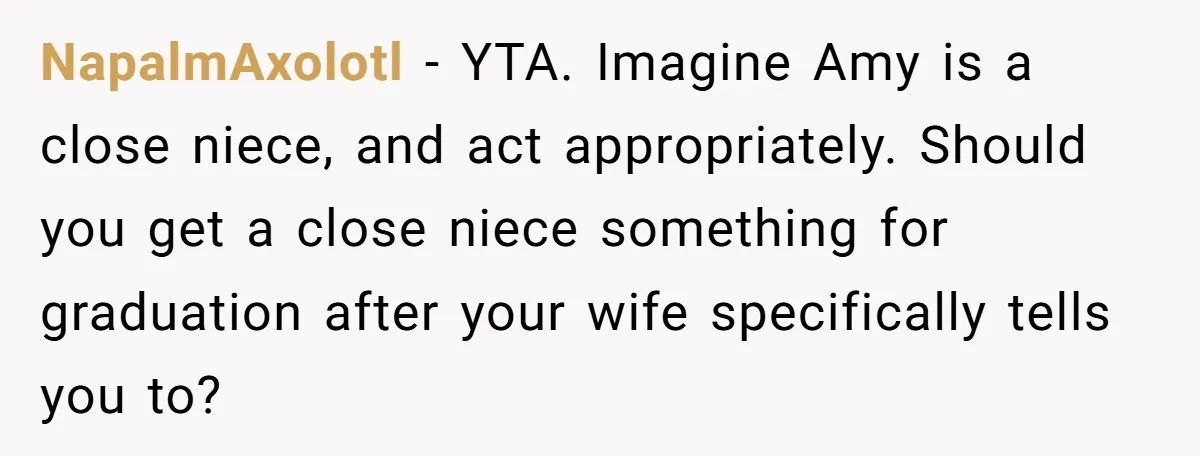 NapalmAxolotl − YTA. Imagine Amy is a close niece, and act appropriately. Should you get a close niece something for graduation after your wife specifically tells you to?