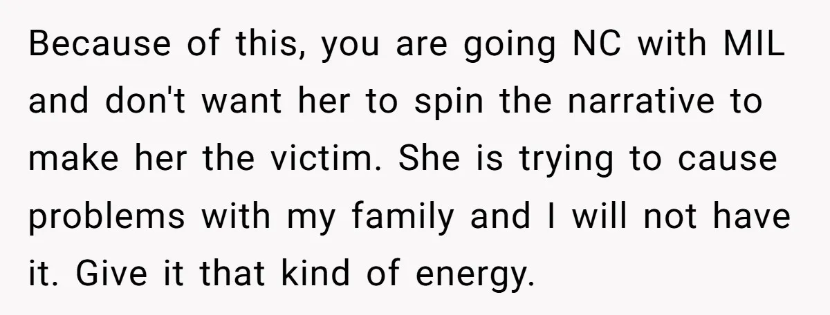 Because of this, you are going NC with MIL and don't want her to spin the narrative to make her the victim. She is trying to cause problems with my...