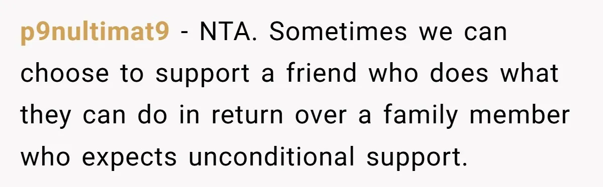 p9nultimat9 − NTA. Sometimes we can choose to support a friend who does what they can do in return over a family member who expects unconditional support.
