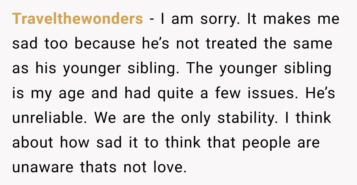 Travelthewonders − I am sorry. It makes me sad too because he’s not treated the same as his younger sibling. The younger sibling is my age and had quite a...