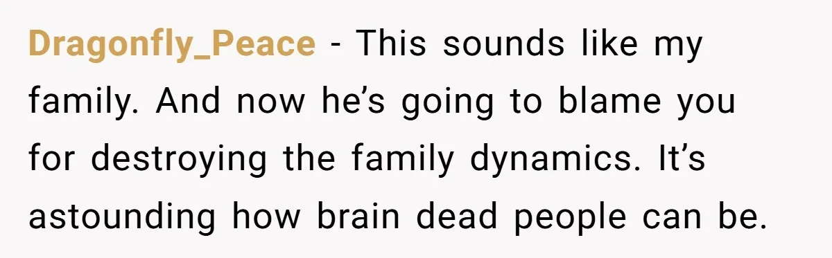 Dragonfly_Peace − This sounds like my family. And now he’s going to blame you for destroying the family dynamics. It’s astounding how brain dead people can be.
