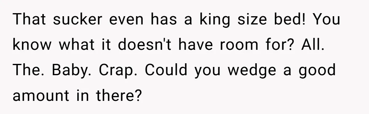 That sucker even has a king size bed! You know what it doesn't have room for? All. The. Baby. Crap. Could you wedge a good amount in there?